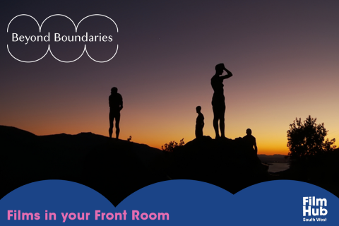 Film Still of a sunset, three people stand on a hill as silhouettes . A graphic Beyond Boundaries and Film Hub logo are in white in the corner