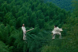 Two people in robes stand among the tops of trees while brandishing swords at each other